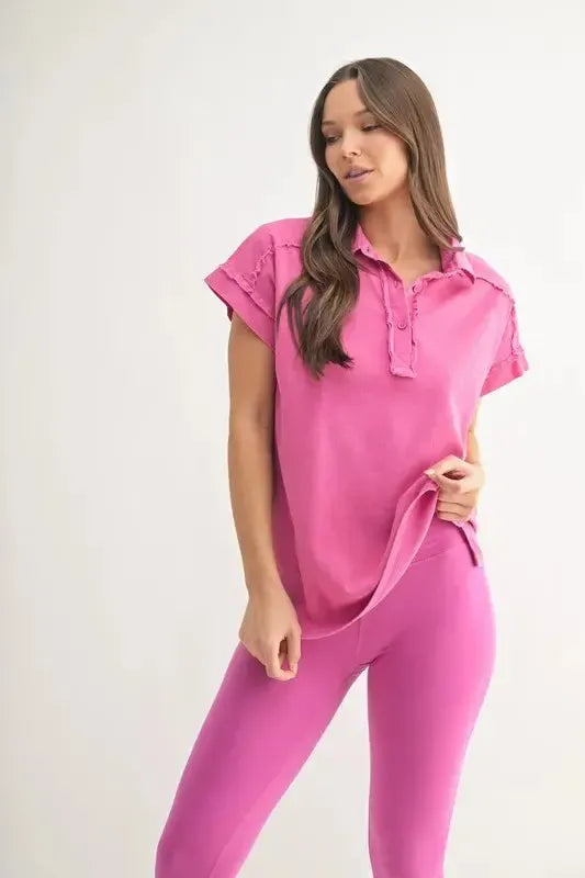 Mineral Wash Half Button T-Shirt-Apparel & Accessories-Evelyns Fashion