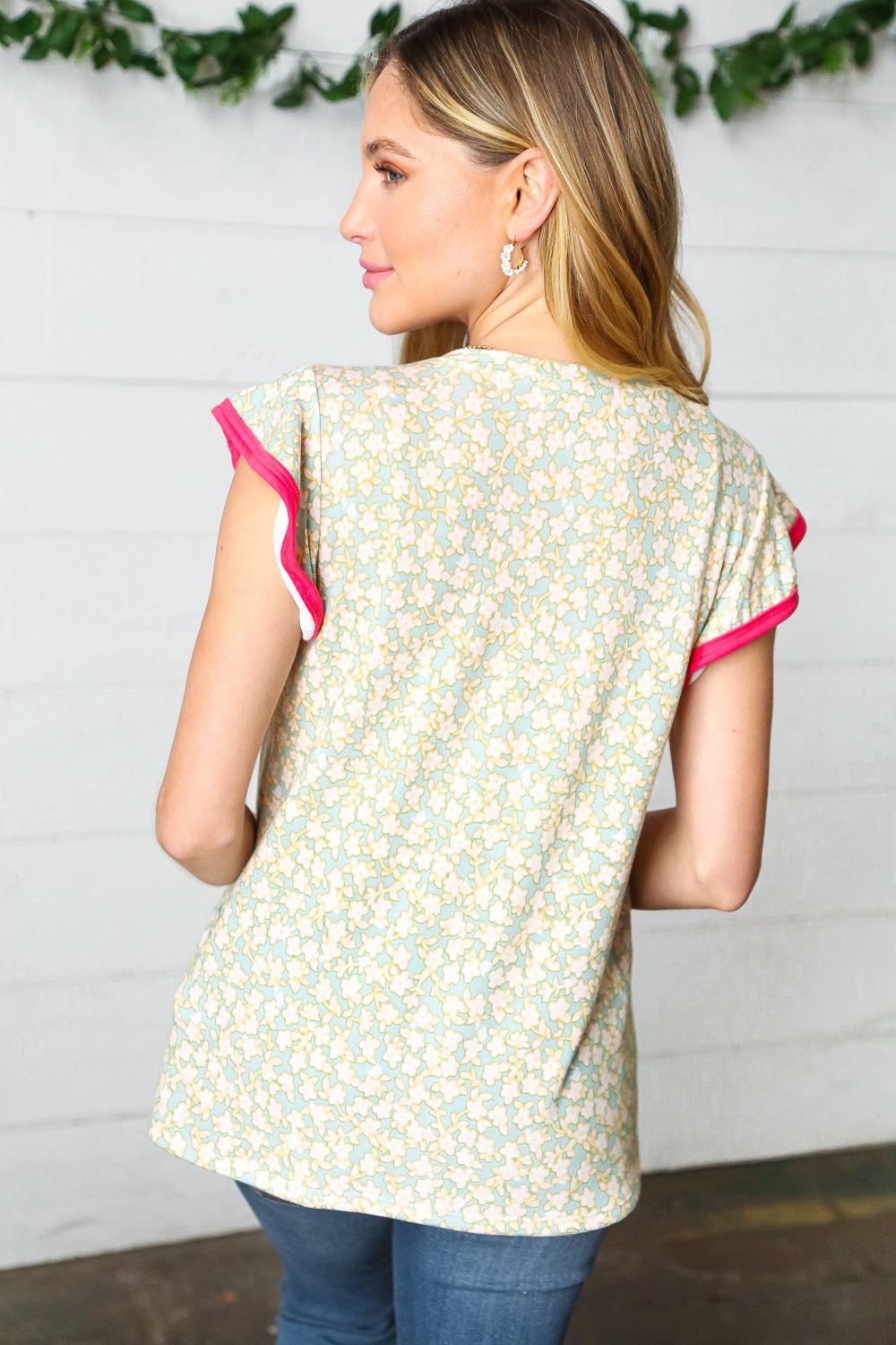 Mint Floral French Terry Ruffle Sleeve Top-2024 Blow-Out Sale-Evelyns Fashion