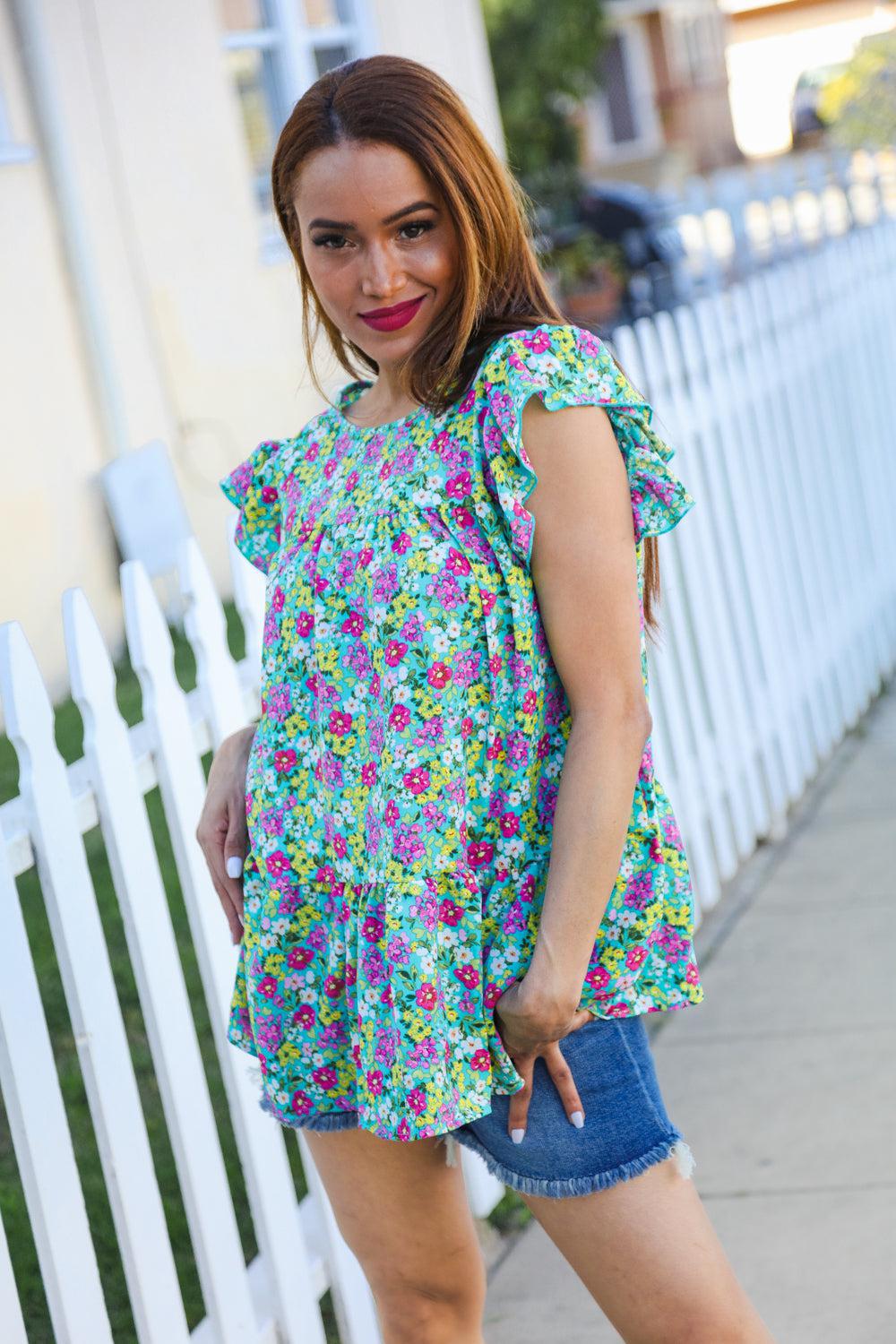 Mint Floral Yoke Flutter Sleeve Keyhole Back Top-2024 Blow-Out Sale-Evelyns Fashion