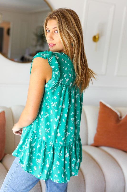 Mint Floral Yoke Top-blouse-Evelyns Fashion