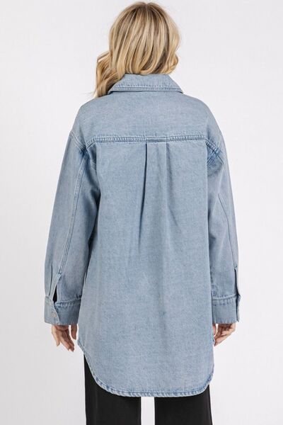 Mittoshop Light Wash Patch Pocket Longline Denim Jacket-OUTERWEAR-Evelyns Fashion