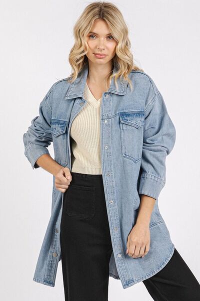 Mittoshop Light Wash Patch Pocket Longline Denim Jacket-OUTERWEAR-Evelyns Fashion
