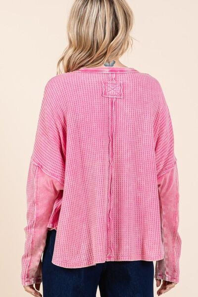 Mittoshop Waffle-Knit Exposed Seam Round Neck Top-OUTERWEAR-Evelyns Fashion