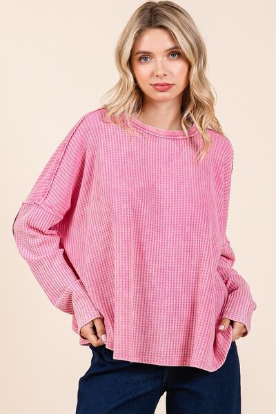 Mittoshop Waffle-Knit Exposed Seam Round Neck Top-OUTERWEAR-Evelyns Fashion