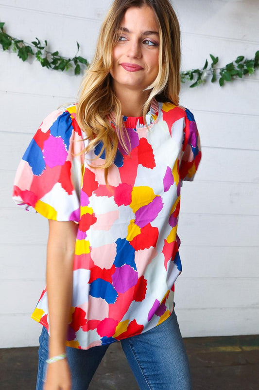 Mock Neck puff Sleeve Top-Tops-Evelyns Fashion