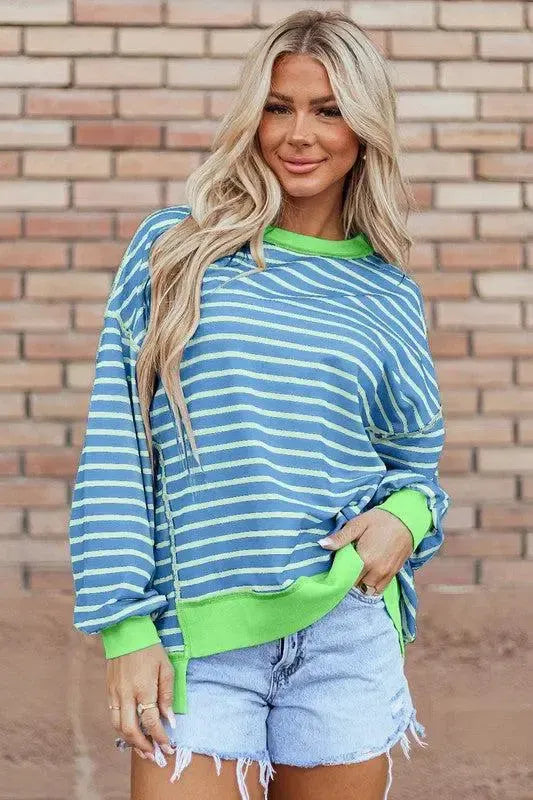 Modern Comfort: High-Low Pullover Sweatshirt with Stripe Details-long sleeve-Evelyns Fashion