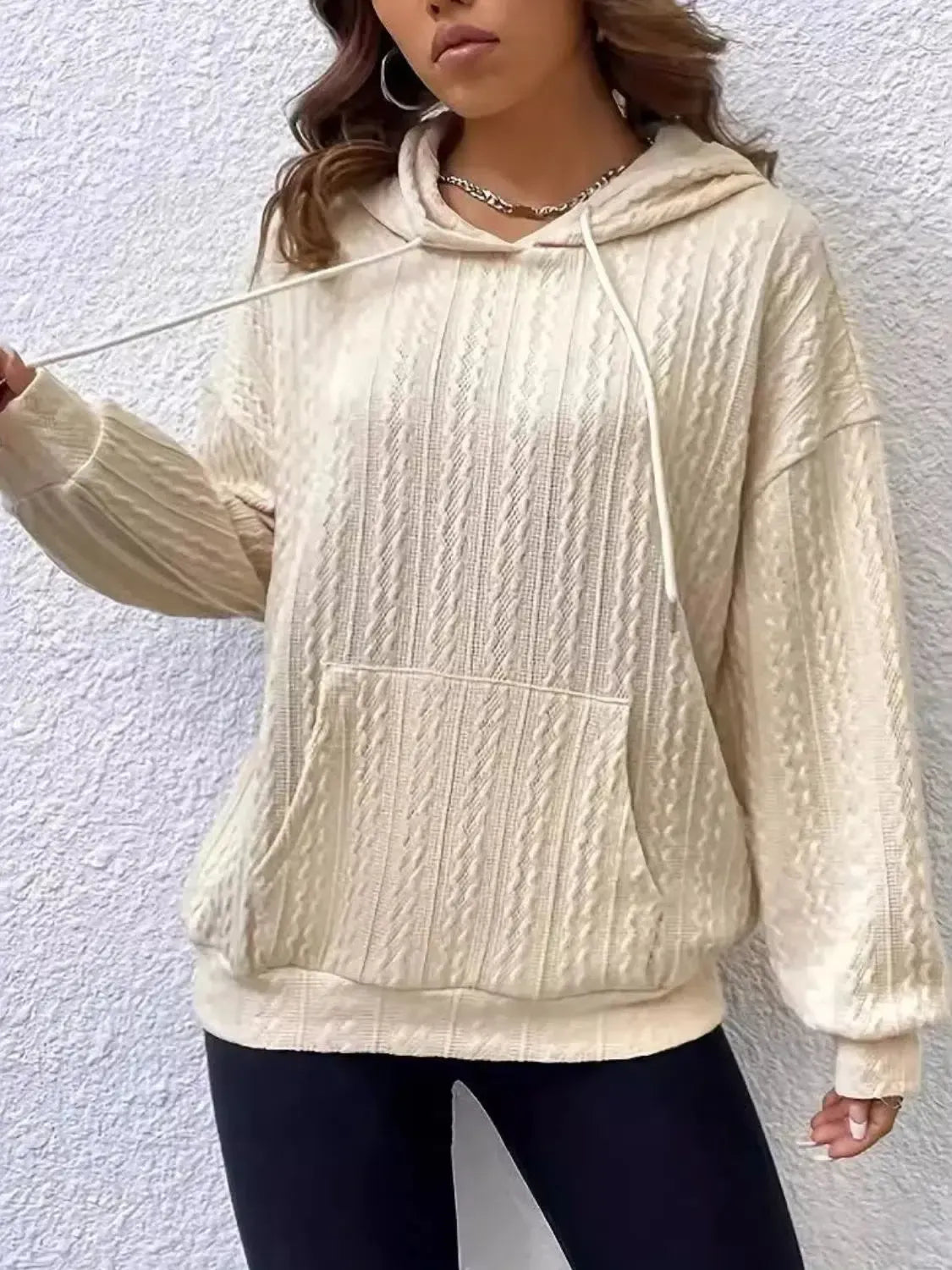 Modern Comfort: Long Sleeve Hoodie with Unique Drawstring Design-Apparel & Accessories-Evelyns Fashion
