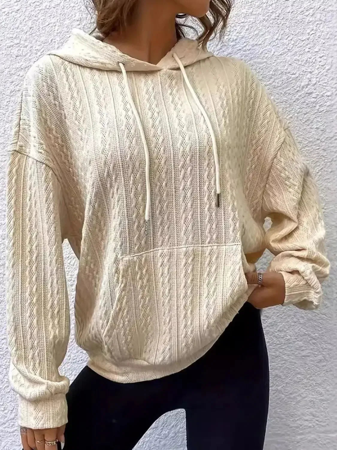 Modern Comfort: Long Sleeve Hoodie with Unique Drawstring Design-Apparel & Accessories-Evelyns Fashion