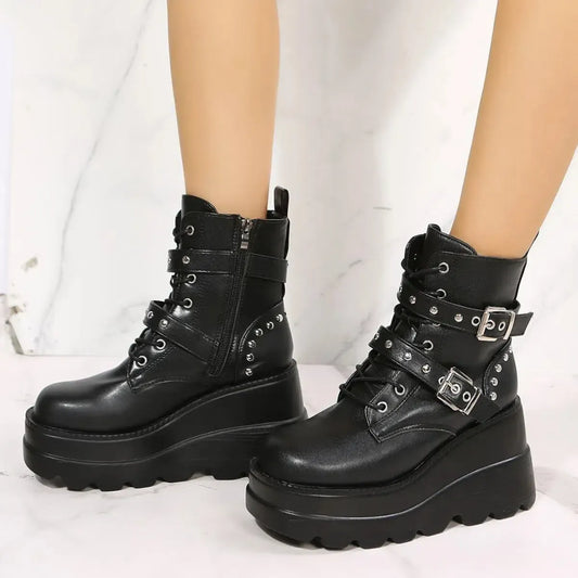 Modern Comfort: PU Leather Wedge Boots with Side Zip-shoes-Evelyns Fashion