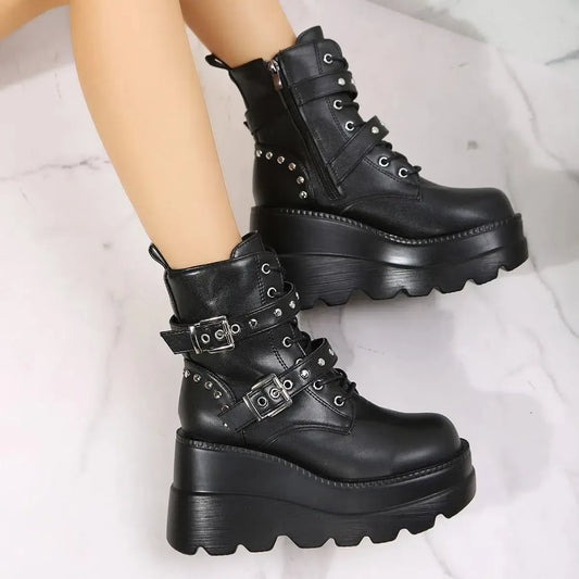 Modern Comfort: PU Leather Wedge Boots with Side Zip-shoes-Evelyns Fashion