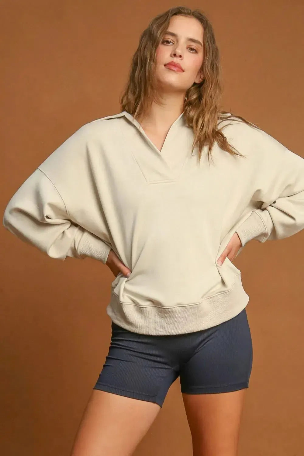 Modern Comfort: Umgee Johnny Collar Dropped Shoulder Sweatshirt-Apparel & Accessories-Evelyns Fashion
