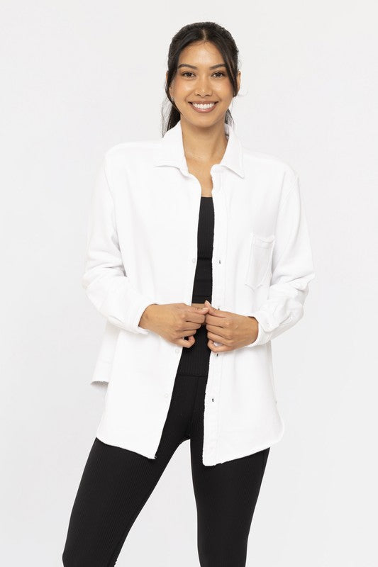 MONO B Raw Edge Cotton Button Down Shacket-Apparel & Accessories-Evelyns Fashion