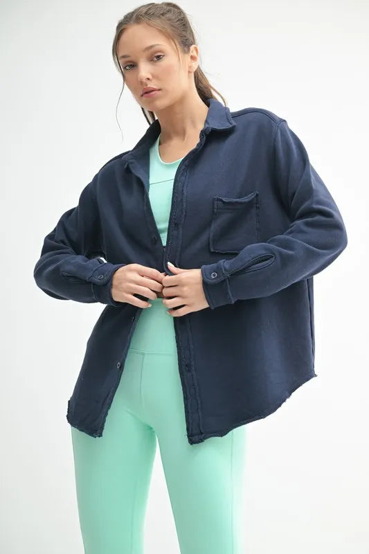 MONO B Raw Edge Cotton Button Down Shacket-Apparel & Accessories-Evelyns Fashion