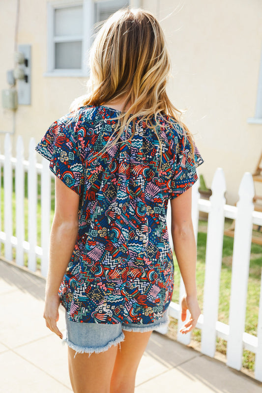 Navy Boho Print Top-Evelyns Fashion