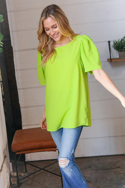 Neon Green Puff Sleeve Crepe Top-Short Sleeve Blouse-Evelyns Fashion