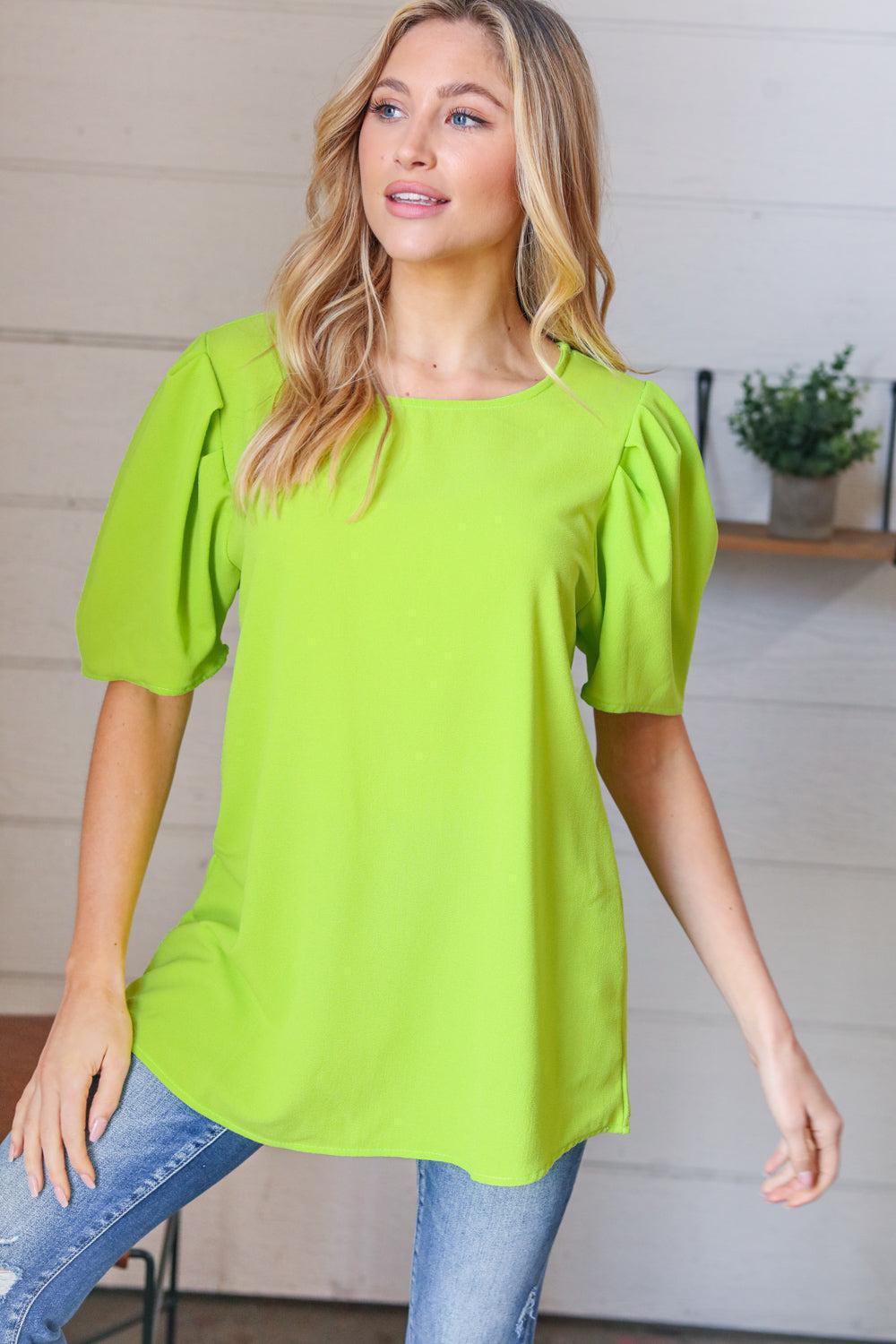 Neon Green Puff Sleeve Crepe Top-Short Sleeve Blouse-Evelyns Fashion