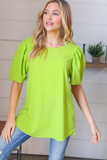 Neon Green Puff Sleeve Crepe Top-Short Sleeve Blouse-Evelyns Fashion