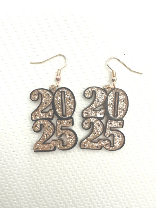 New Year's 2025 Gold Glitter Dangle Earrings-2024 Blow-Out Sale-Evelyns Fashion