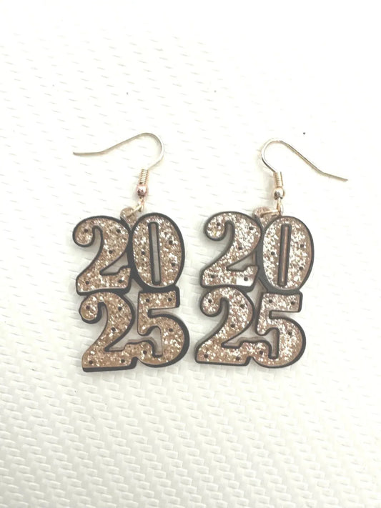 New Year's 2025 Gold Glitter Dangle Earrings-2024 Blow-Out Sale-Evelyns Fashion