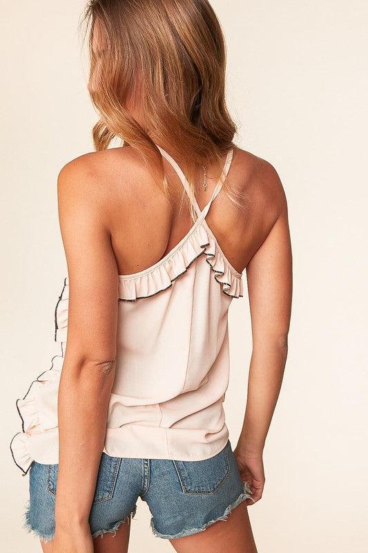 Peach Dobby Ruffle Tank-Tanks Tops-Evelyns Fashion