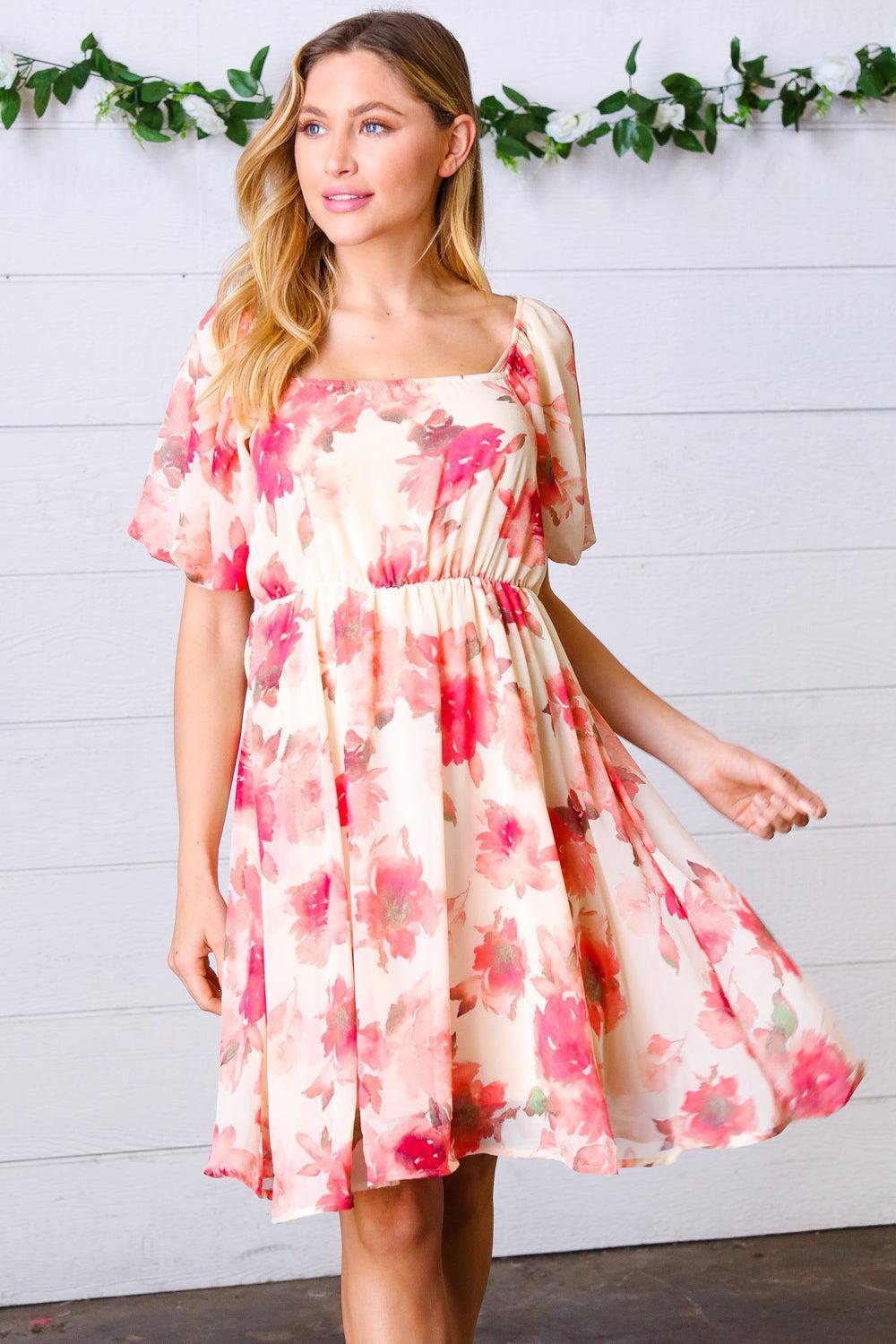 Peach Floral Chiffon Puff Sleeve Dress-Dresses-Evelyns Fashion