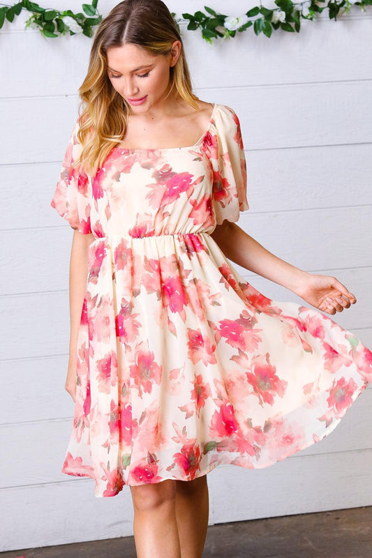 Peach Floral Chiffon Puff Sleeve Dress-Dresses-Evelyns Fashion