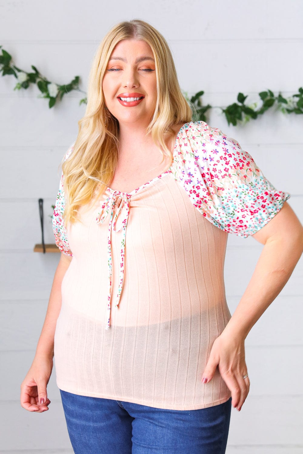 Peach Floral Tie Neck Top-Short Sleeve Blouse-Evelyns Fashion