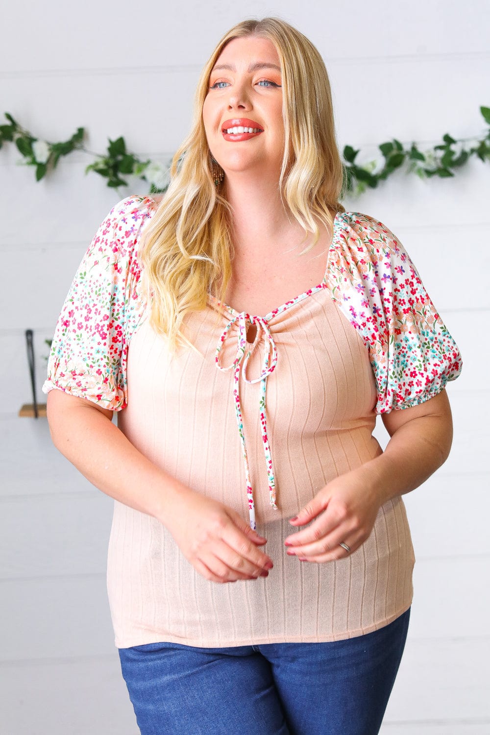 Peach Floral Tie Neck Top-Short Sleeve Blouse-Evelyns Fashion