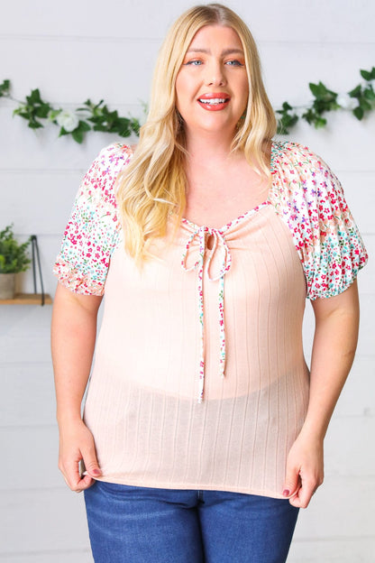 Peach Floral Tie Neck Top-Short Sleeve Blouse-Evelyns Fashion