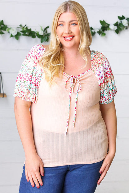 Peach Floral Tie Neck Top-Short Sleeve Blouse-Evelyns Fashion