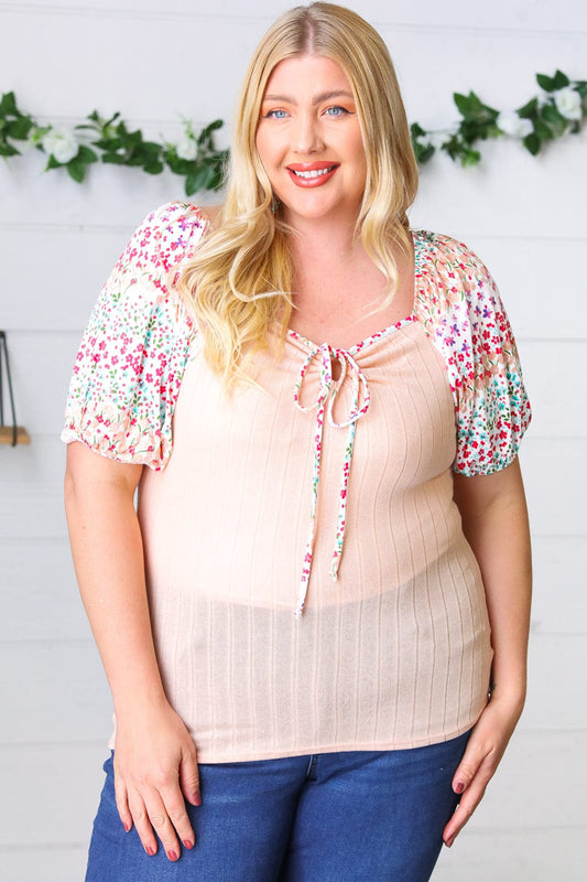 Peach Floral Tie Neck Top-Short Sleeve Blouse-Evelyns Fashion