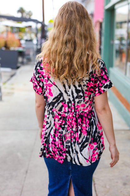 Pink Animal Print Babydoll V Neck Top-Blouses-Evelyns Fashion