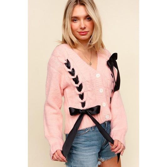 Pink Button Down Sweater Cardigan-Cardigans-Evelyns Fashion