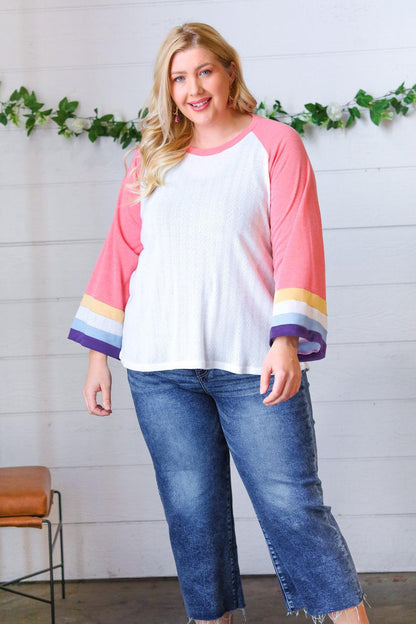 Pink Pointelle Color Block Wide Sleeve Pullover-Evelyns Fashion