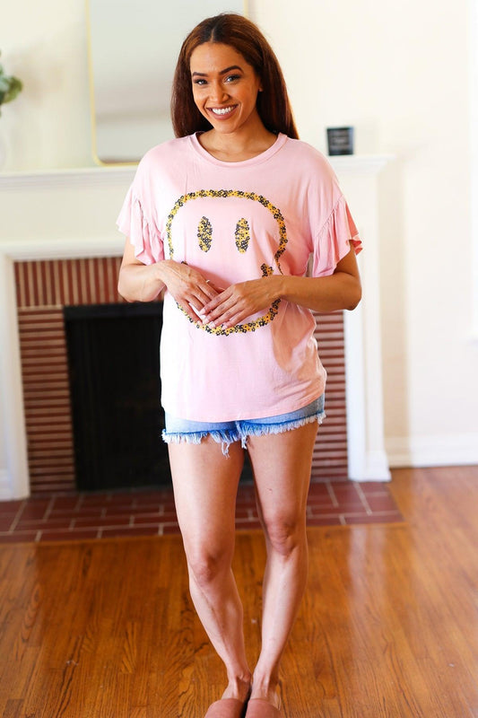 Pink Smiley Face Flutter Sleeve Tee-Short Sleeve Blouse-Evelyns Fashion