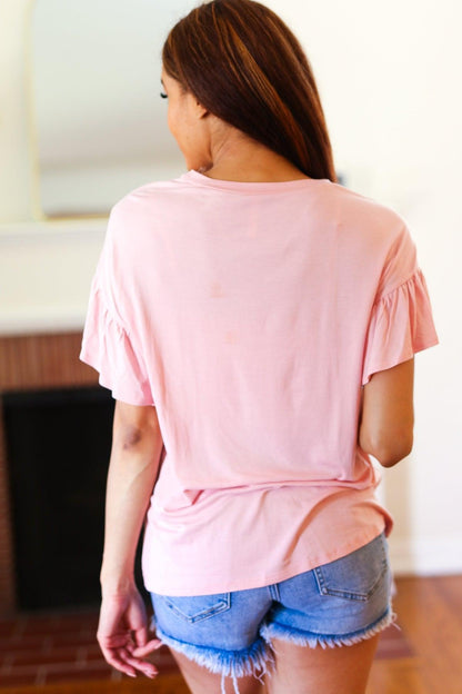 Pink Smiley Face Flutter Sleeve Tee-Short Sleeve Blouse-Evelyns Fashion