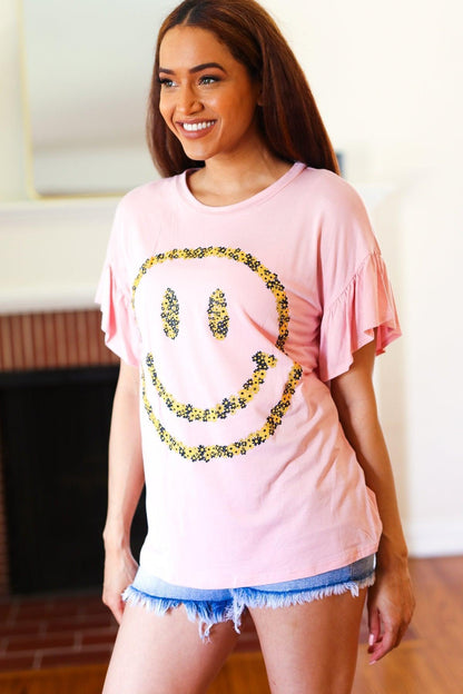 Pink Smiley Face Flutter Sleeve Tee-Short Sleeve Blouse-Evelyns Fashion