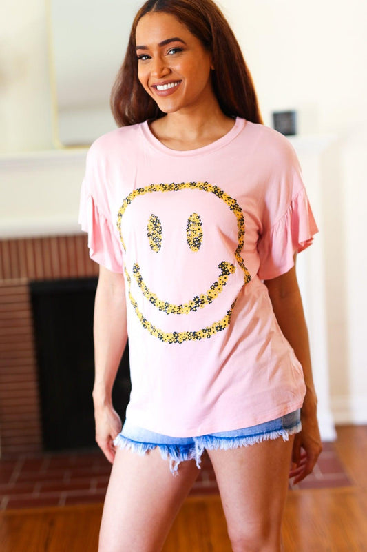 Pink Smiley Face Flutter Sleeve Tee-Short Sleeve Blouse-Evelyns Fashion