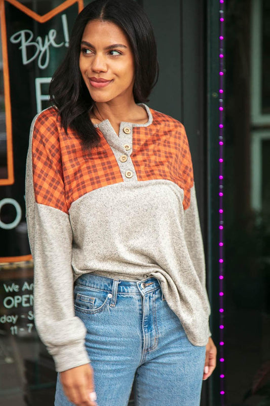 Plaid Cashmere Feel Button Down Top-Short Sleeve Blouse-Evelyns Fashion