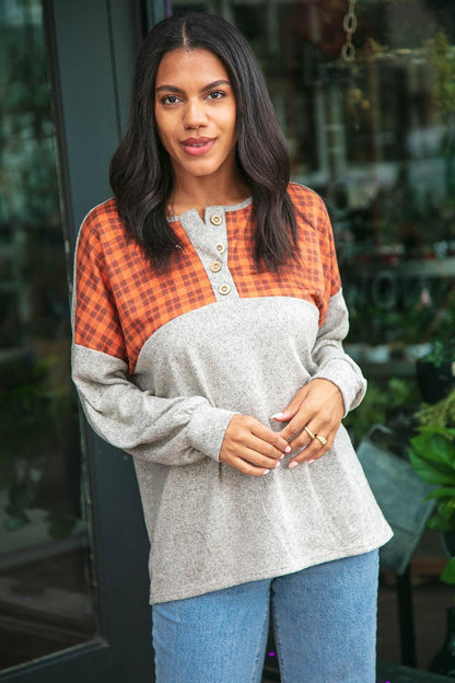 Plaid Cashmere Feel Button Down Top-Short Sleeve Blouse-Evelyns Fashion