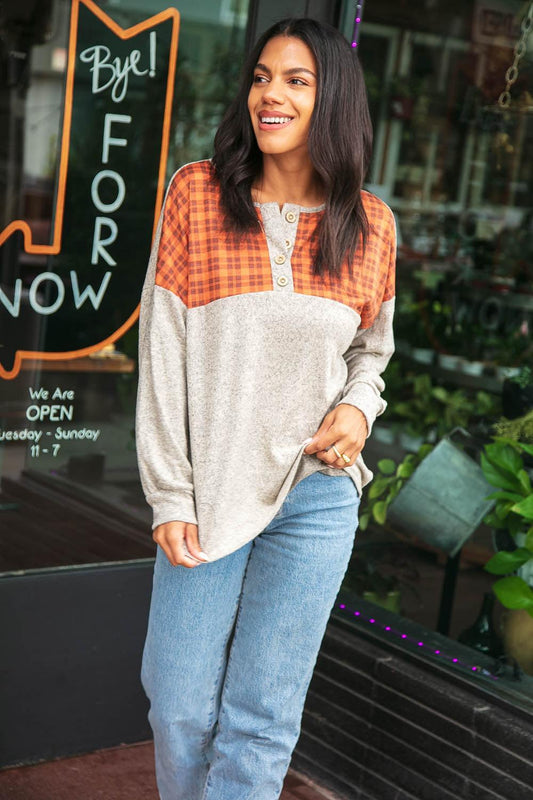 Plaid Cashmere Feel Button Down Top-Short Sleeve Blouse-Evelyns Fashion