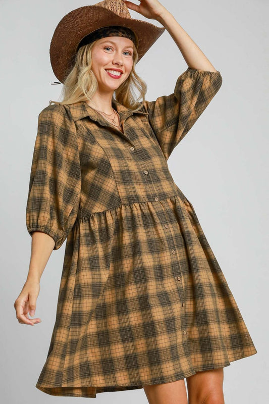 Plaid Mini Shirt Dress-Dress-Evelyns Fashion