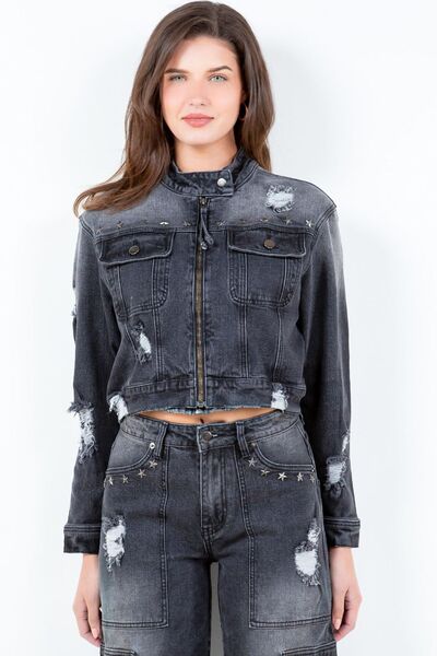 Plus Size Distressed Denim Rider Jacket-Evelyns Fashion