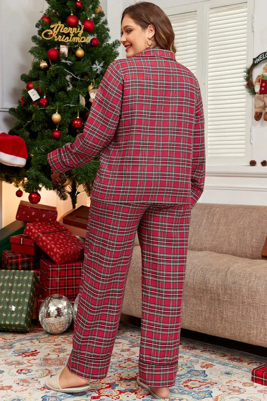 Plus Size Plaid Collared Neck Top and Pants Lounge Set-Loungewear-Evelyns Fashion
