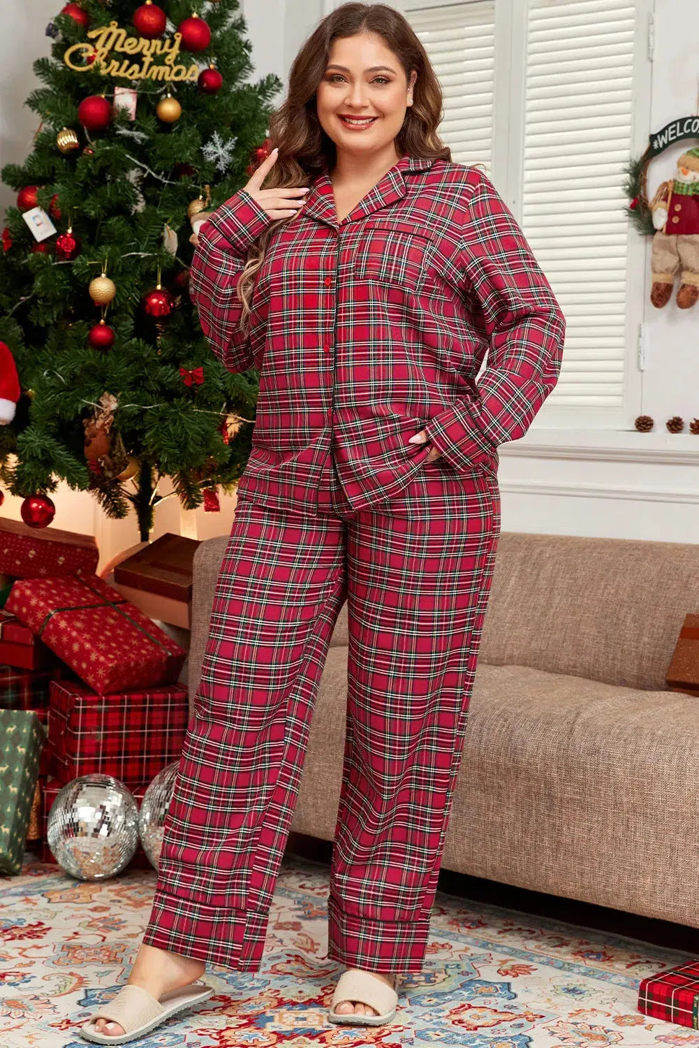 Plus Size Plaid Collared Neck Top and Pants Lounge Set-Loungewear-Evelyns Fashion