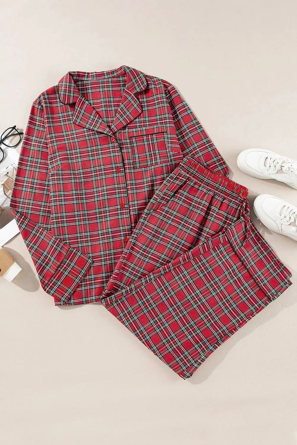 Plus Size Plaid Collared Neck Top and Pants Lounge Set-Loungewear-Evelyns Fashion