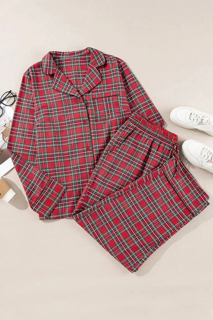 Plus Size Plaid Collared Neck Top and Pants Lounge Set-Loungewear-Evelyns Fashion