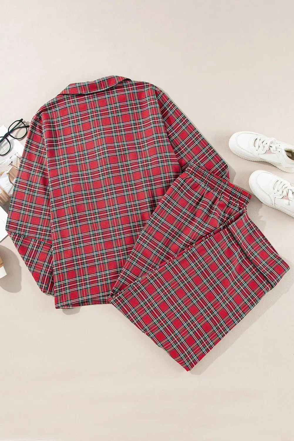 Plus Size Plaid Collared Neck Top and Pants Lounge Set-Loungewear-Evelyns Fashion