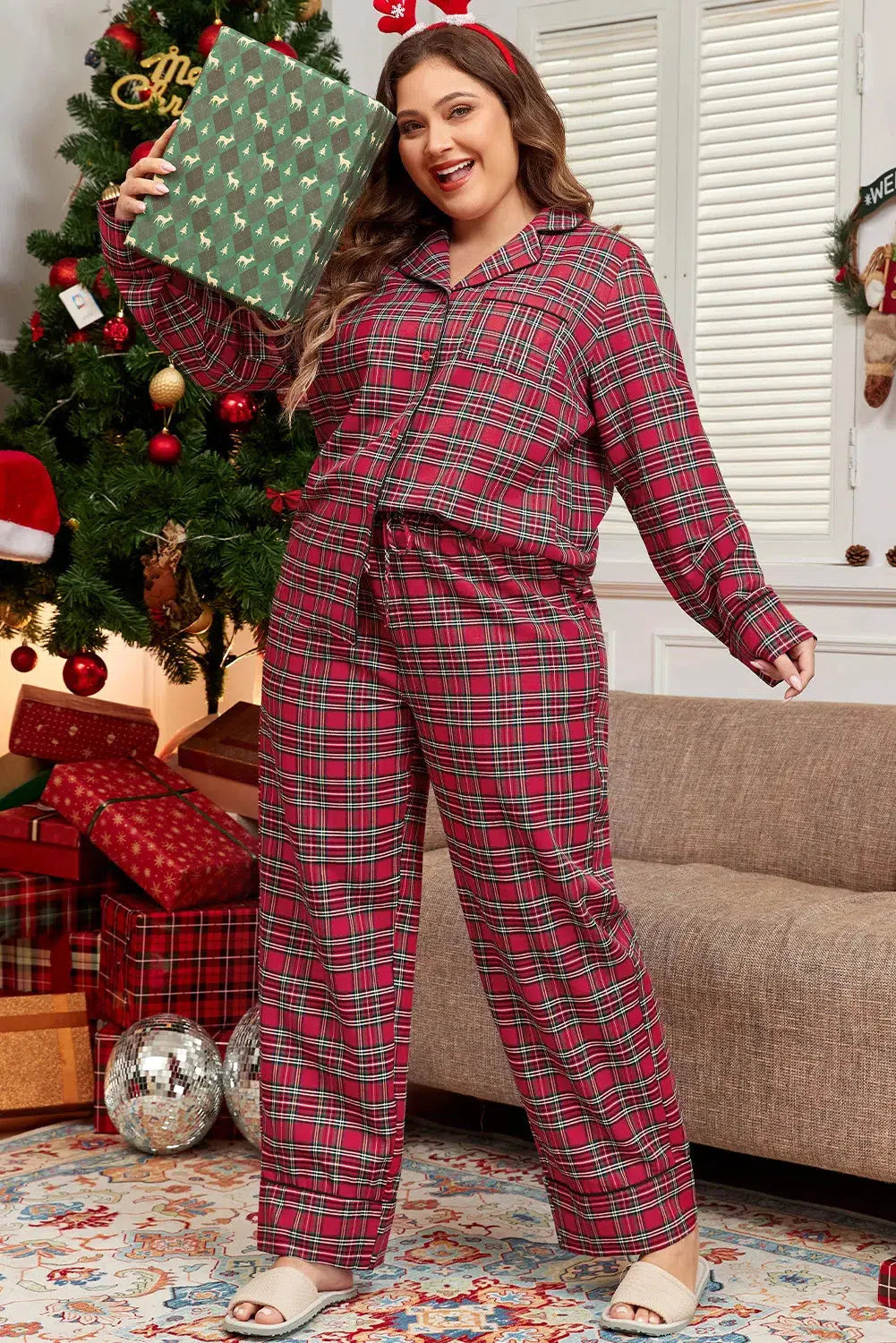 Plus Size Plaid Collared Neck Top and Pants Lounge Set-Loungewear-Evelyns Fashion