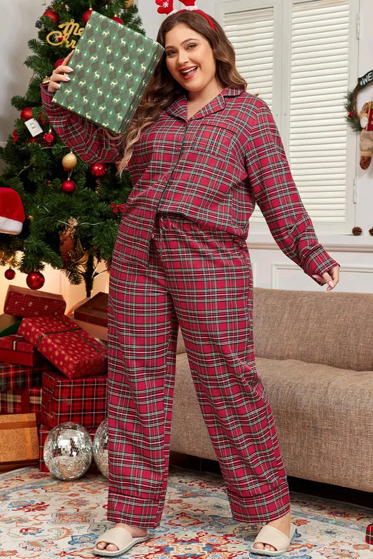 Plus Size Plaid Collared Neck Top and Pants Lounge Set-Loungewear-Evelyns Fashion
